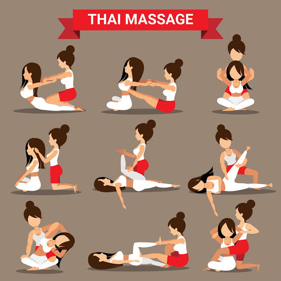 Illustration showing assisted stretching and traditional Thai massage techniques